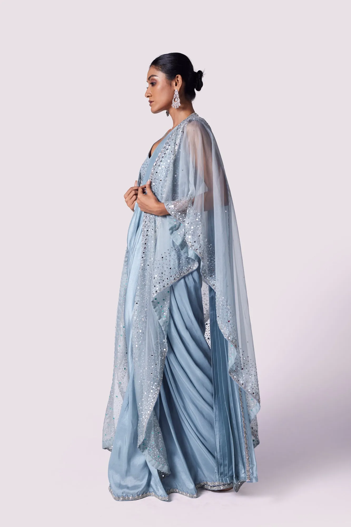 90Y025-RO Doctor Blue Lycra Drape Saree with Cape