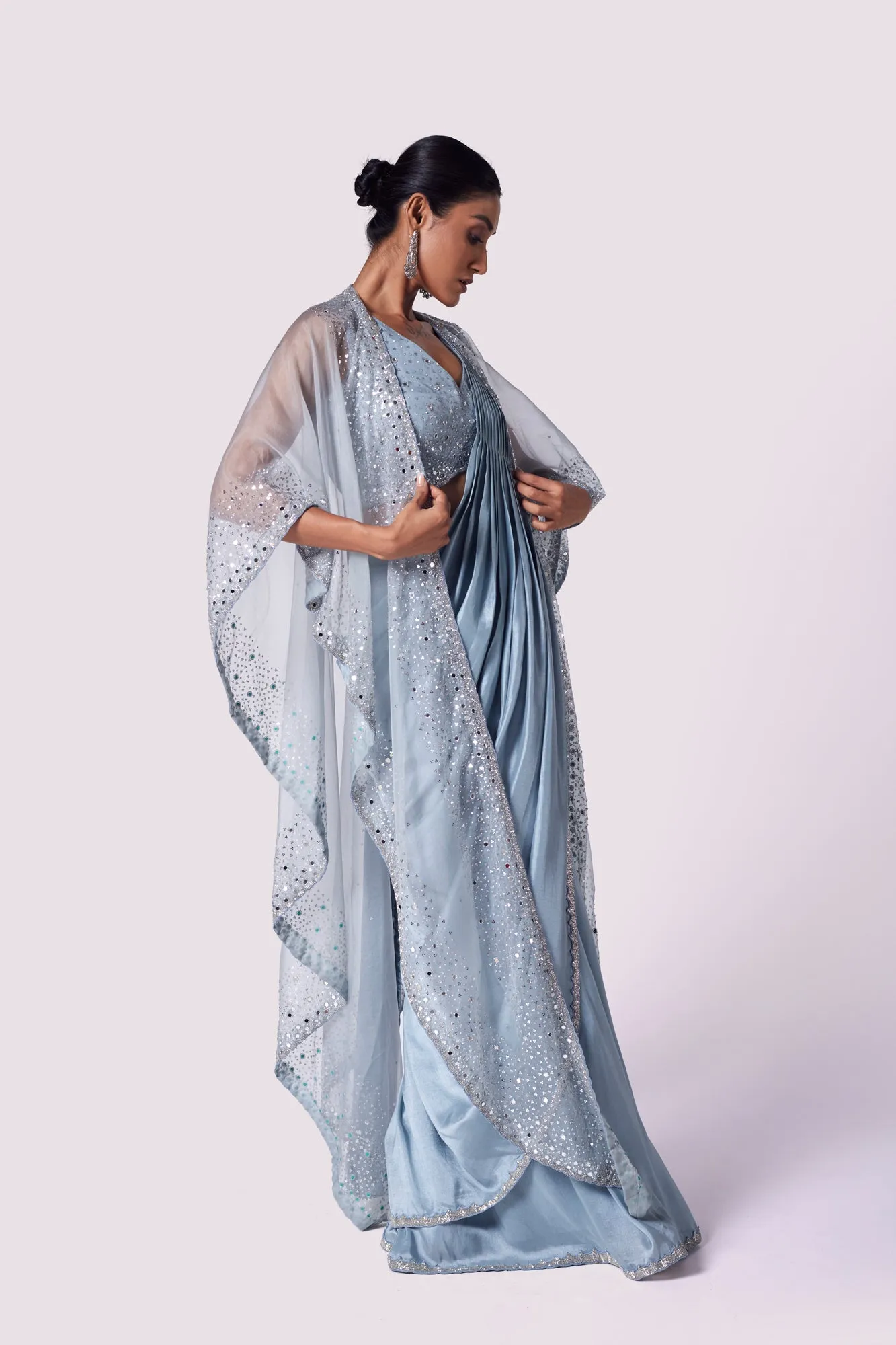 90Y025-RO Doctor Blue Lycra Drape Saree with Cape