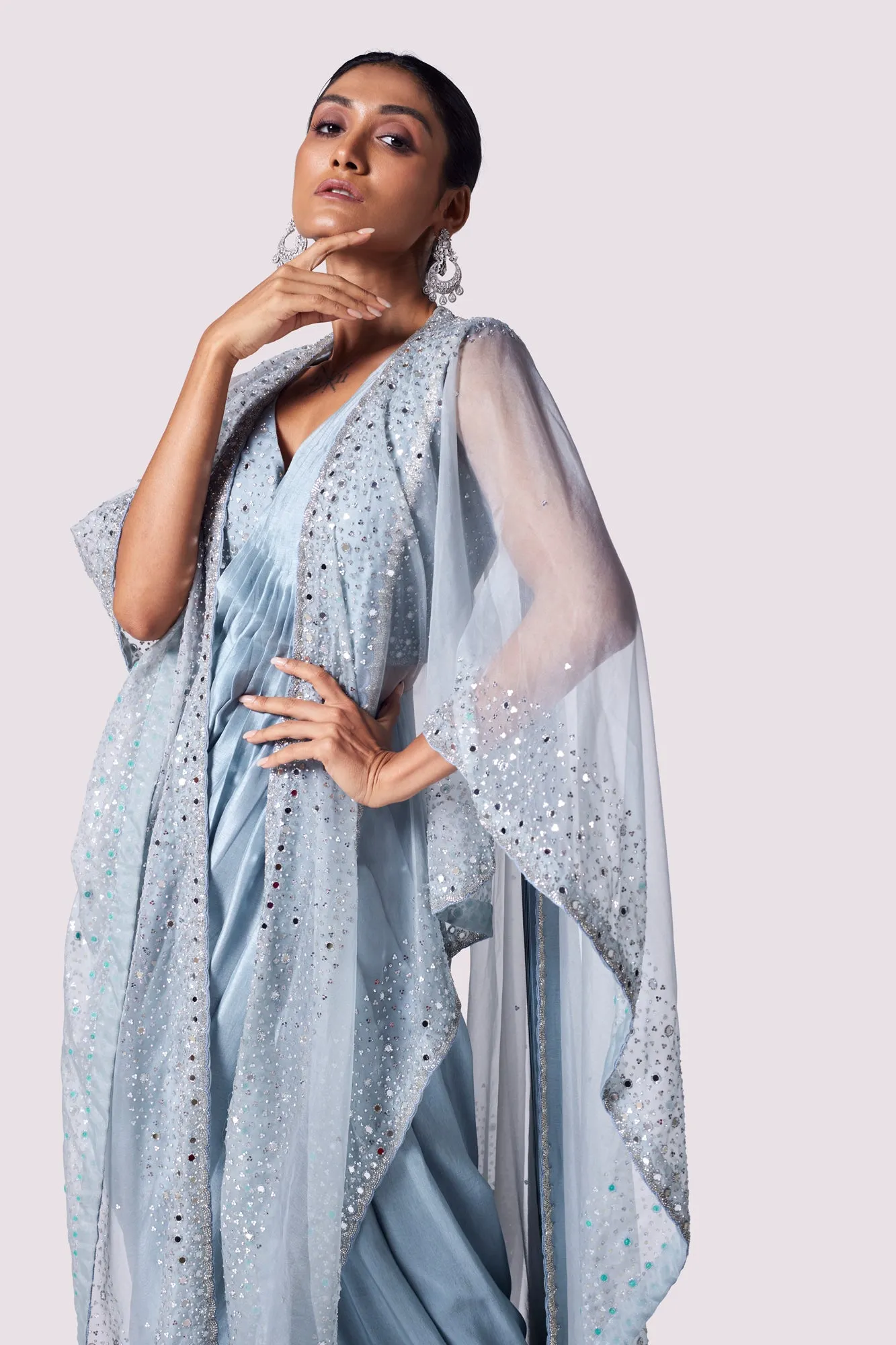 90Y025-RO Doctor Blue Lycra Drape Saree with Cape