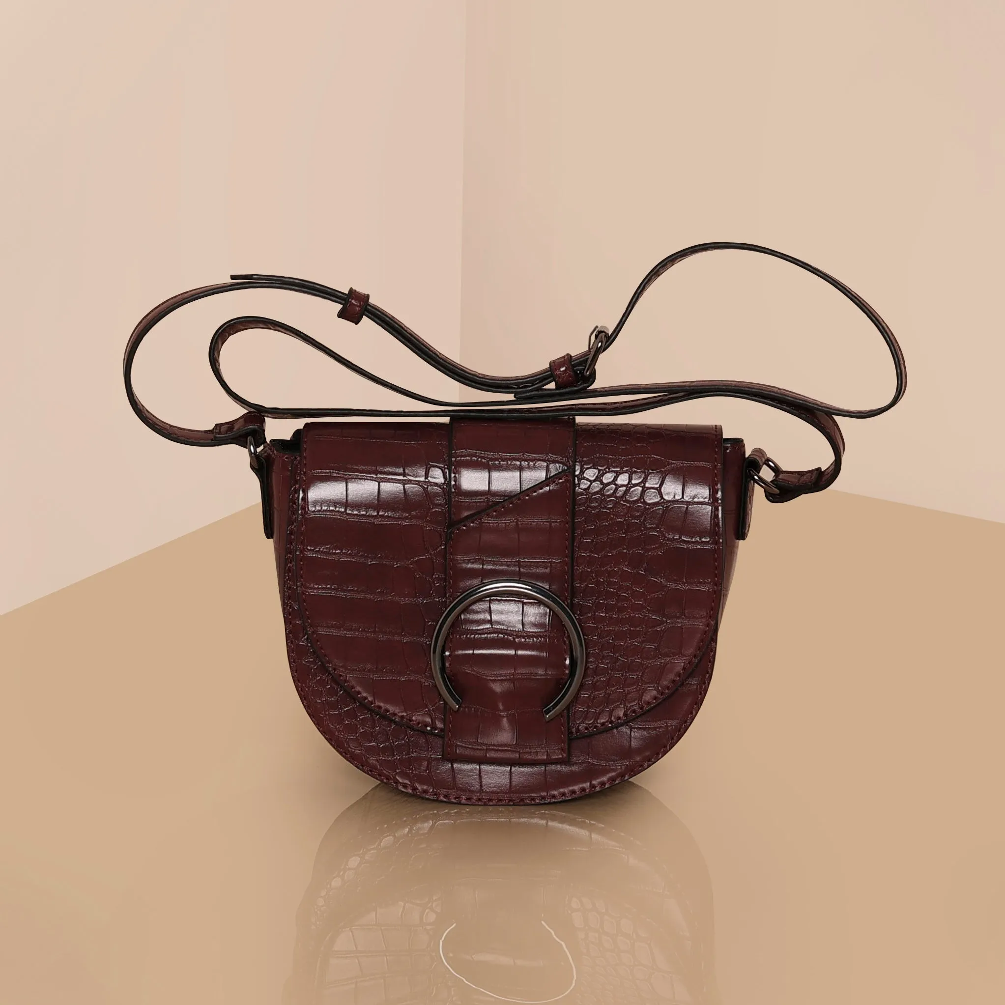 Accessorize London Women's Burgundy Faux Croc Ring Detail Saddle Bag