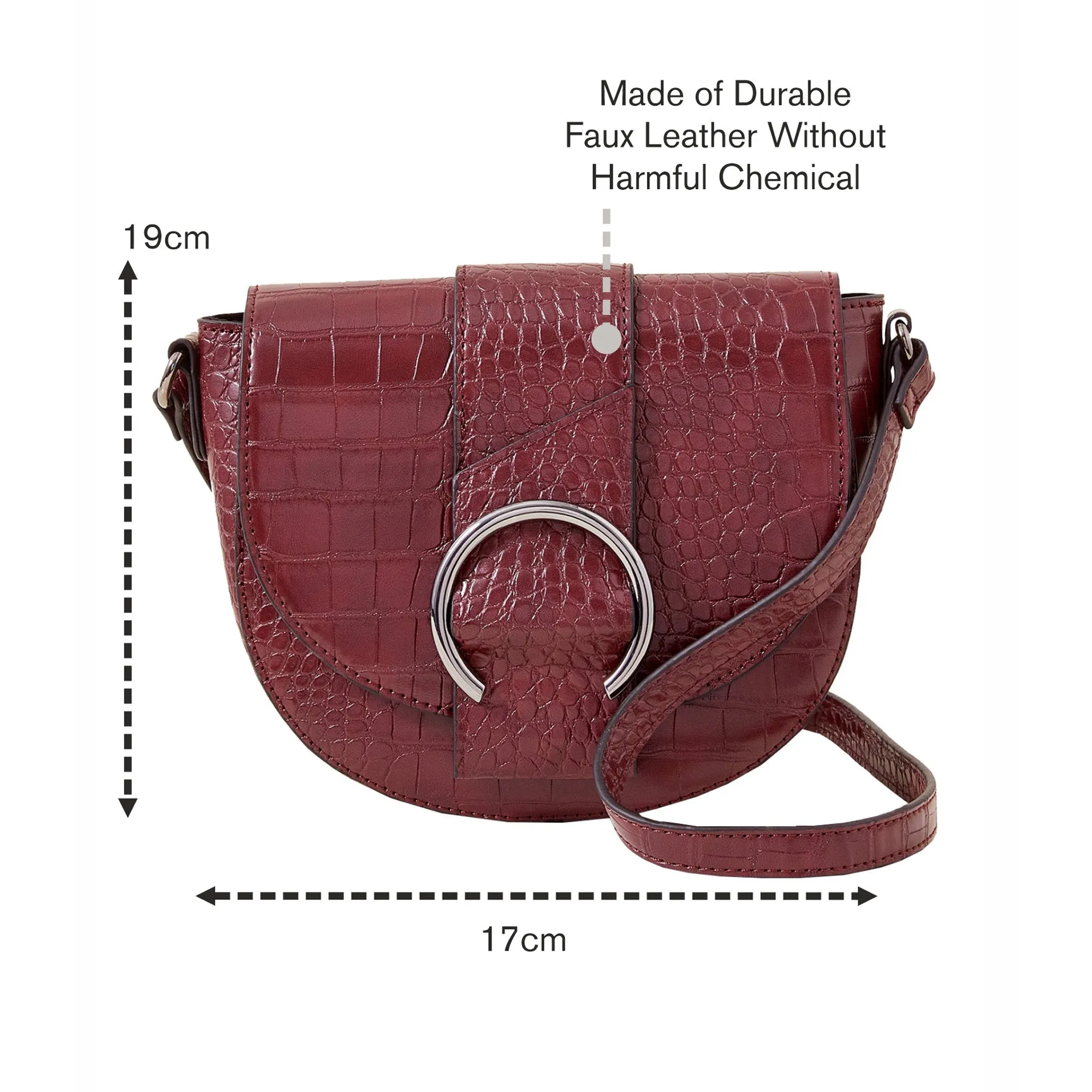 Accessorize London Women's Burgundy Faux Croc Ring Detail Saddle Bag