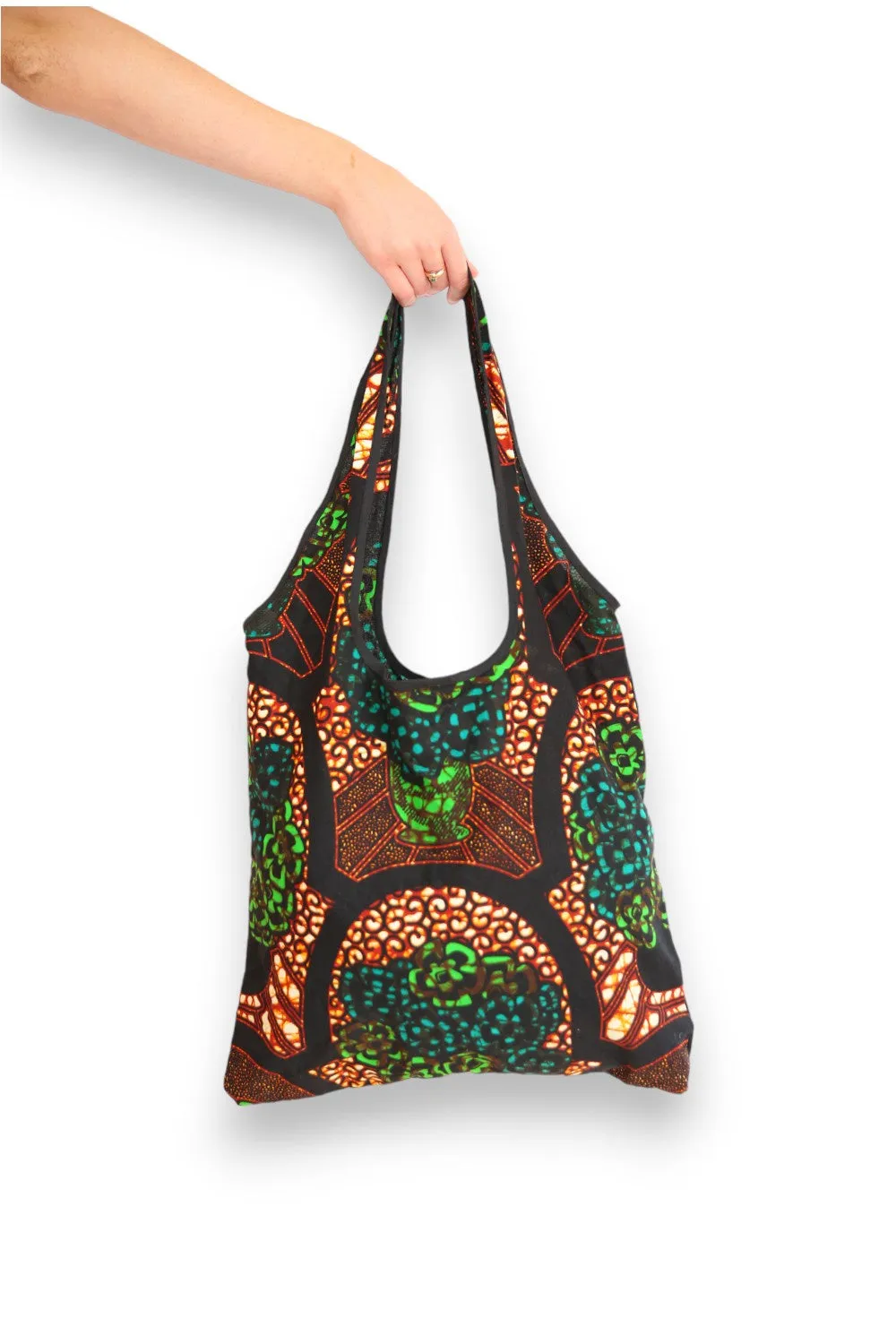 AFRI BEADS FABRIC SHOPPING BAG BLACK/BROWN & GREEN