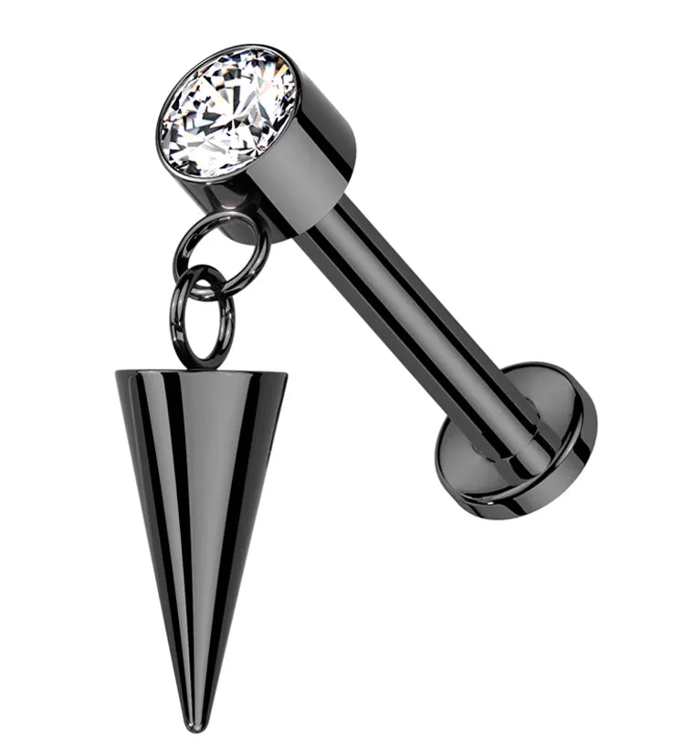 Black PVD Dangle Cone Clear CZ Internally Threaded Titanium Labret