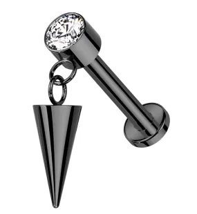 Black PVD Dangle Cone Clear CZ Internally Threaded Titanium Labret