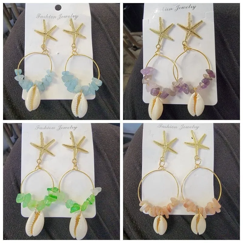 Boho Puka Shell Stone Chips Starfish Charm Earrings