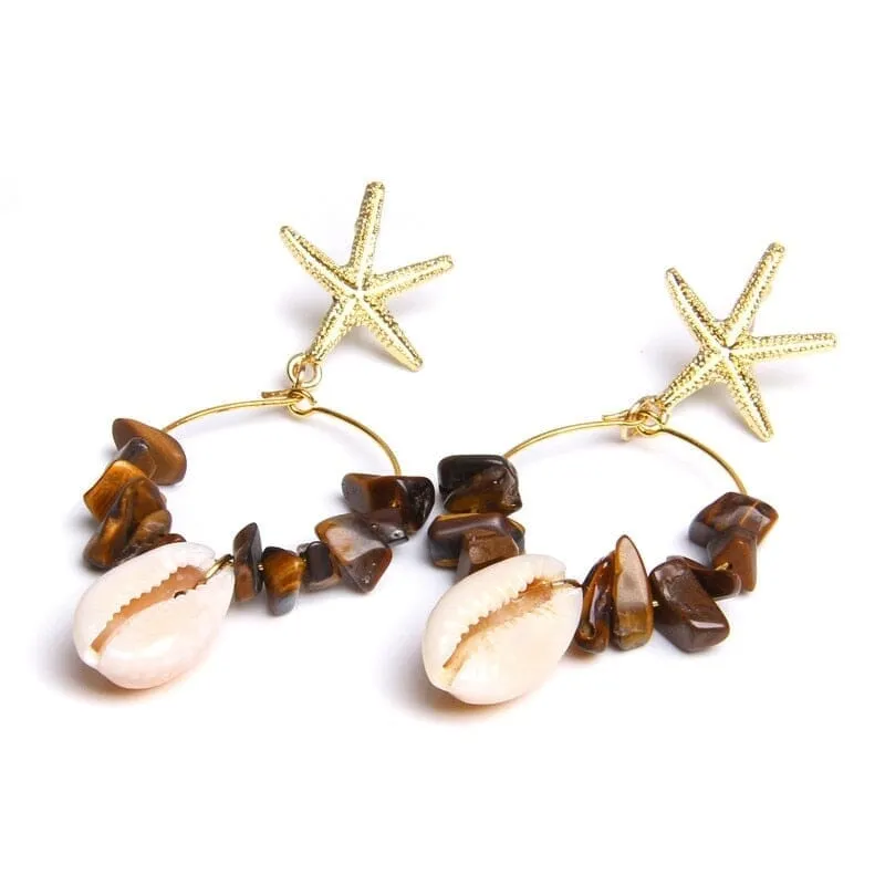 Boho Puka Shell Stone Chips Starfish Charm Earrings