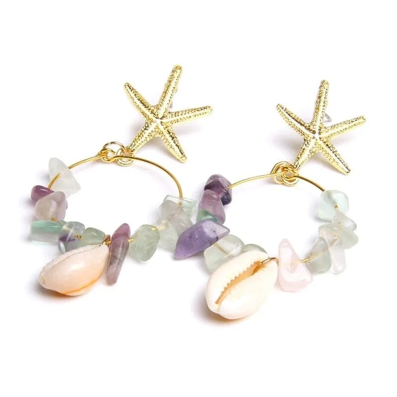 Boho Puka Shell Stone Chips Starfish Charm Earrings