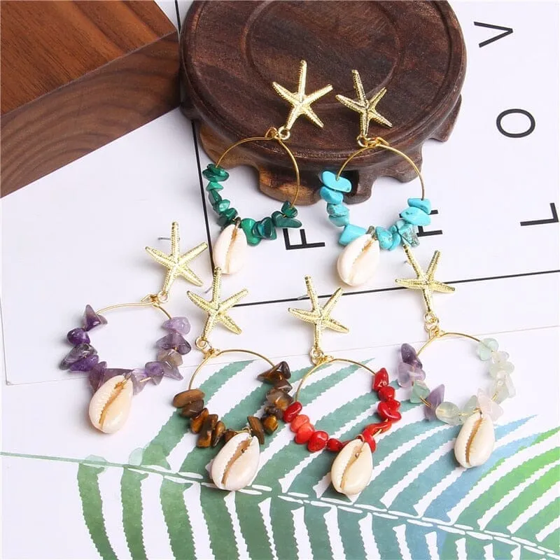 Boho Puka Shell Stone Chips Starfish Charm Earrings