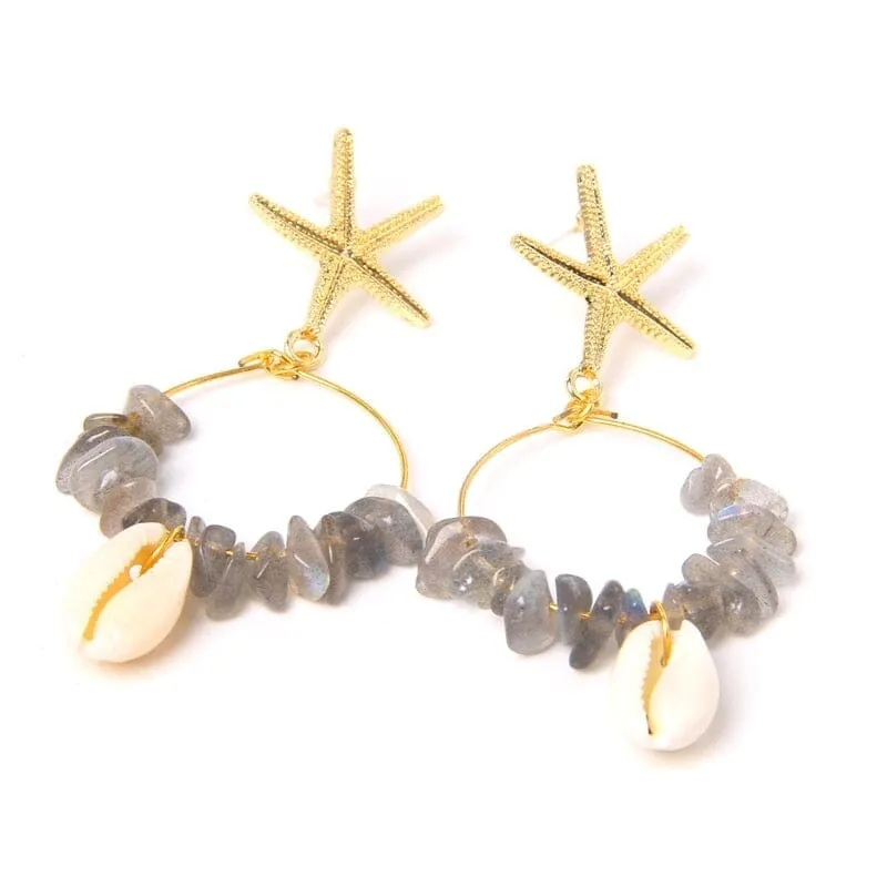 Boho Puka Shell Stone Chips Starfish Charm Earrings