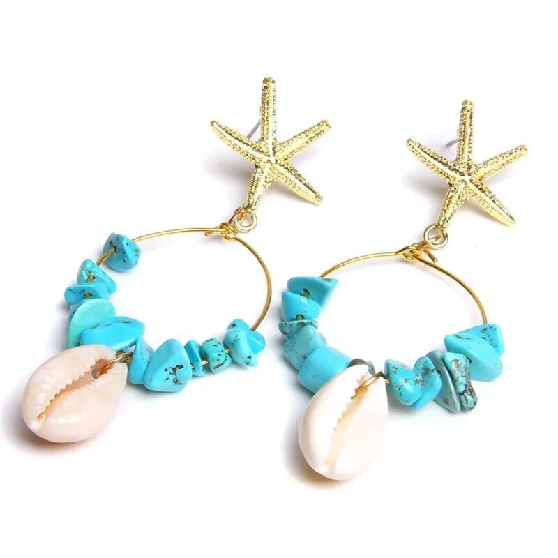 Boho Puka Shell Stone Chips Starfish Charm Earrings