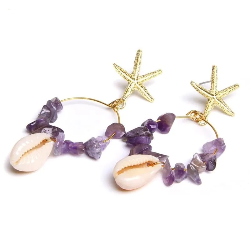 Boho Puka Shell Stone Chips Starfish Charm Earrings