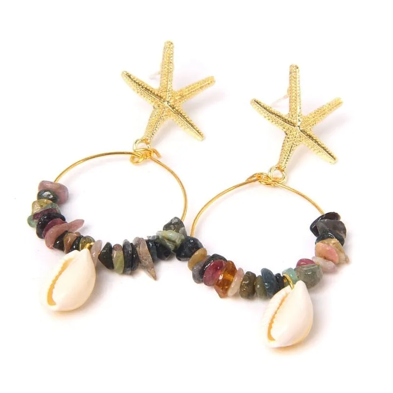 Boho Puka Shell Stone Chips Starfish Charm Earrings