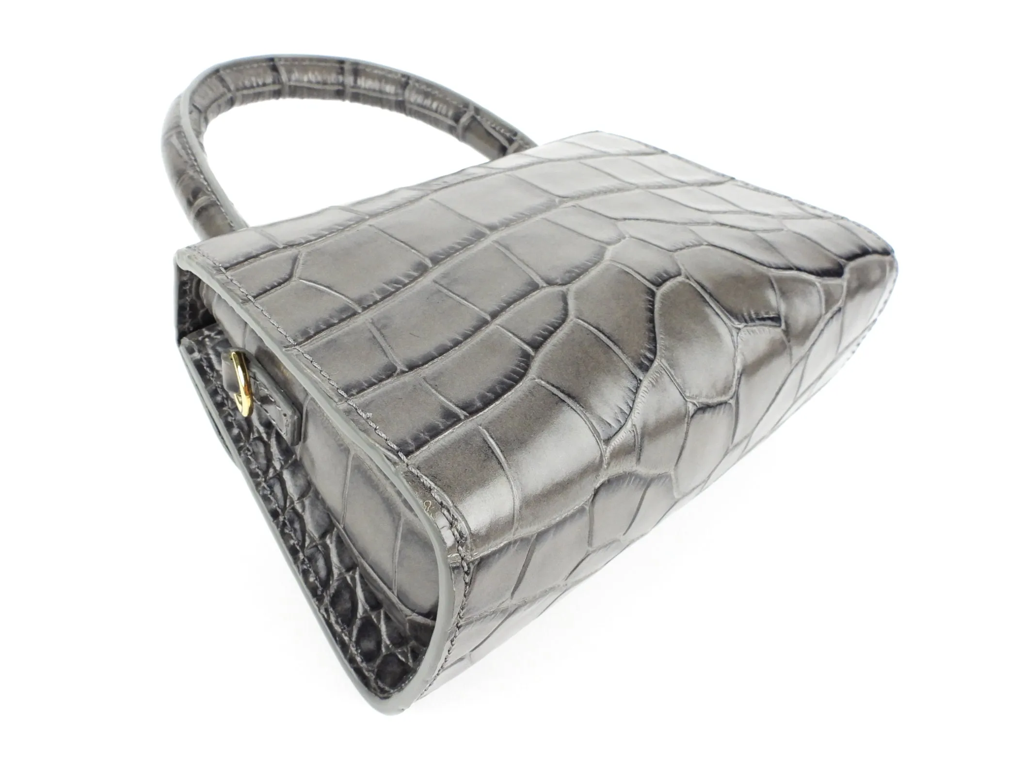 By Far Grey Croc Embossed Leather Mini Top Handle Two Way Shoulder Bag