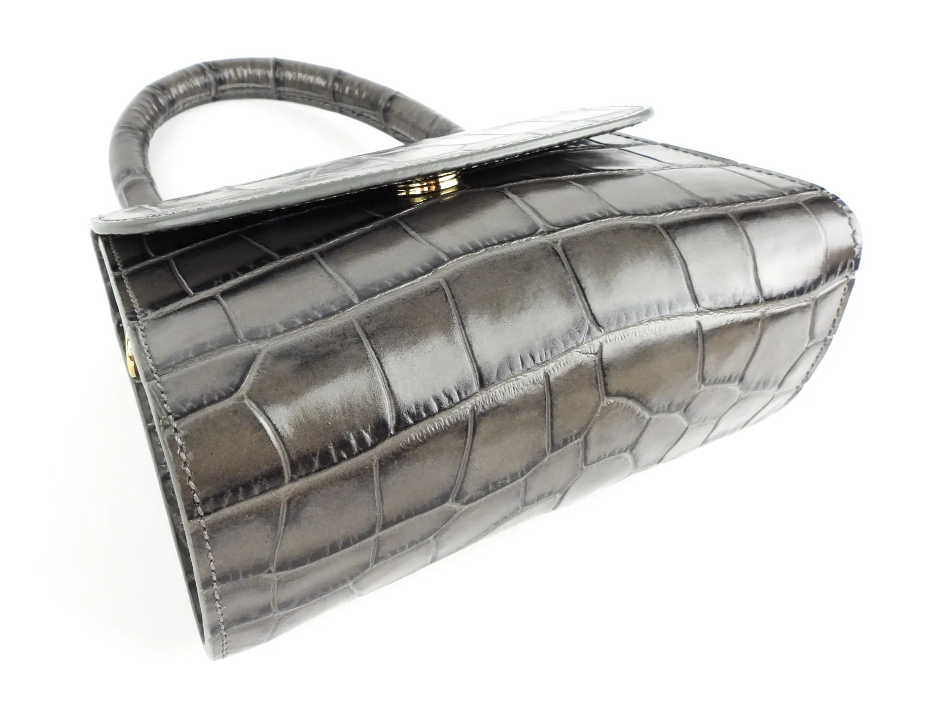 By Far Grey Croc Embossed Leather Mini Top Handle Two Way Shoulder Bag