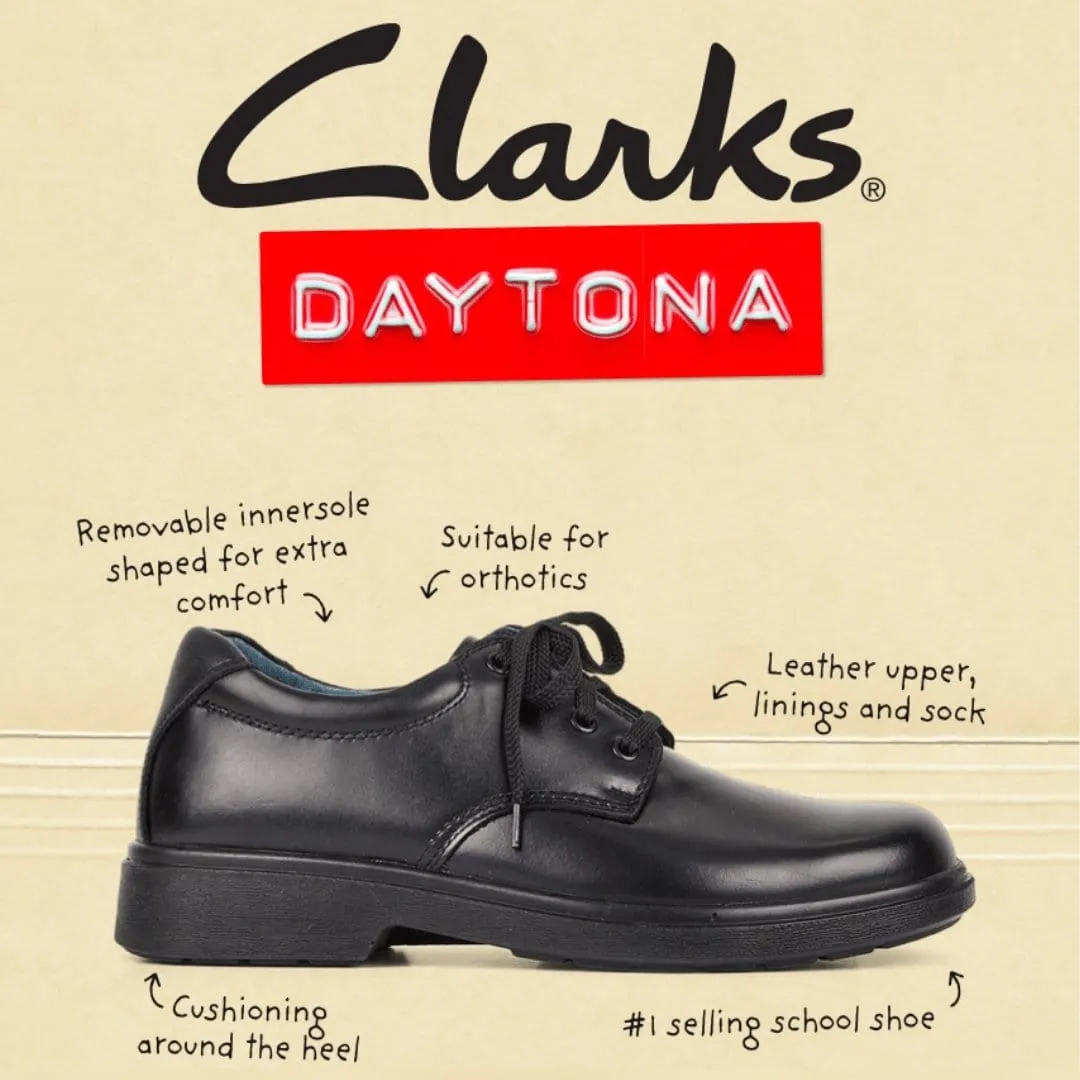 CLARKS JUNIOR DAYTONA TRIPLE BLACK LEATHER SHOE (WIDTH E)