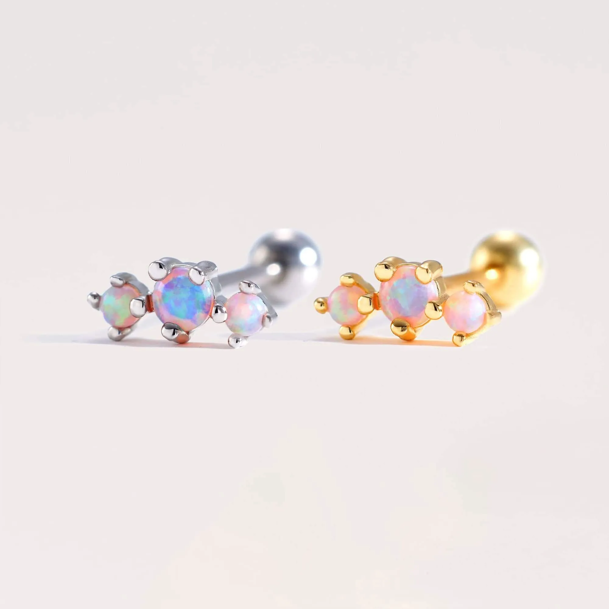 Curved Triple Pink Opal Prong Ball Back & Flat Back Cartilage Earrings