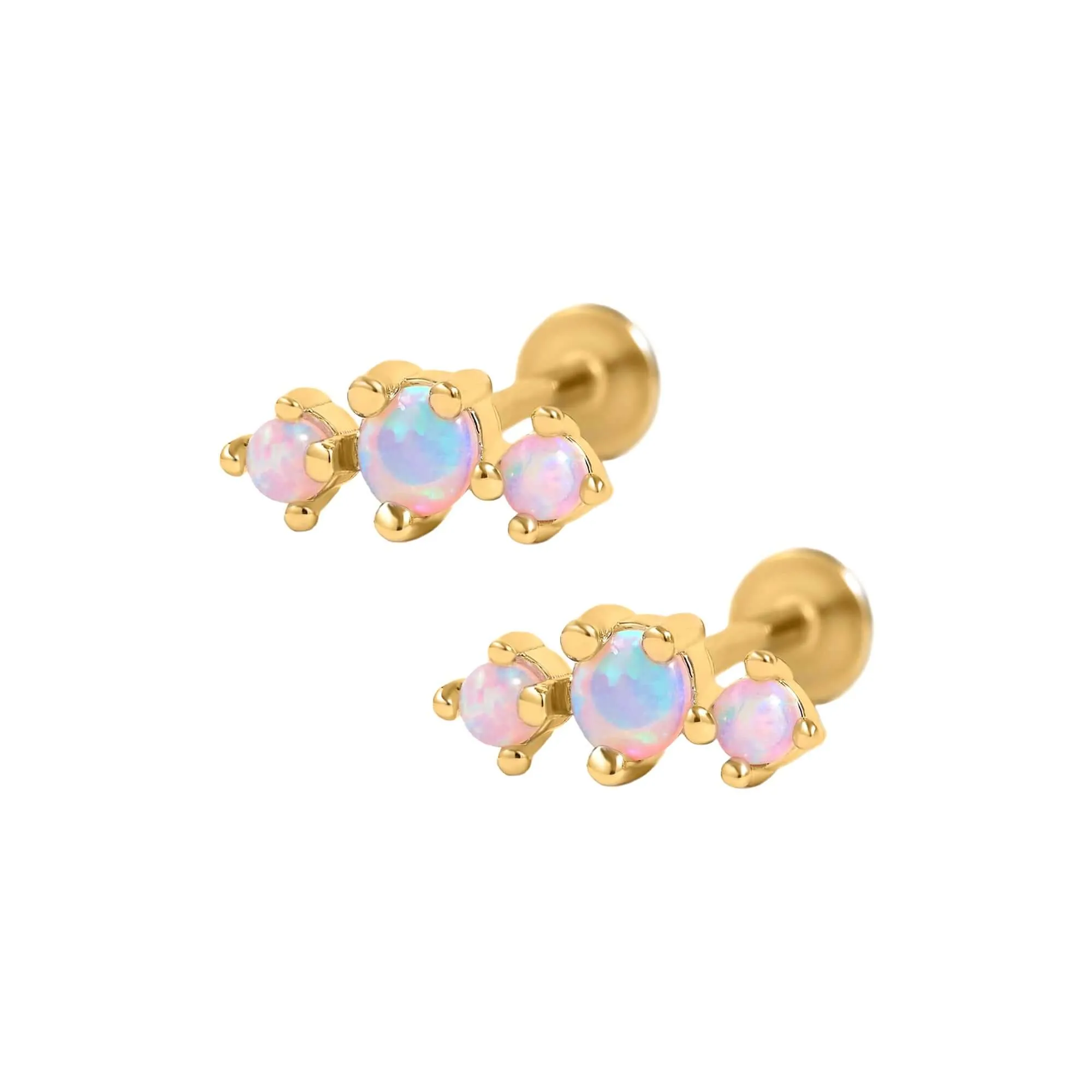 Curved Triple Pink Opal Prong Ball Back & Flat Back Cartilage Earrings