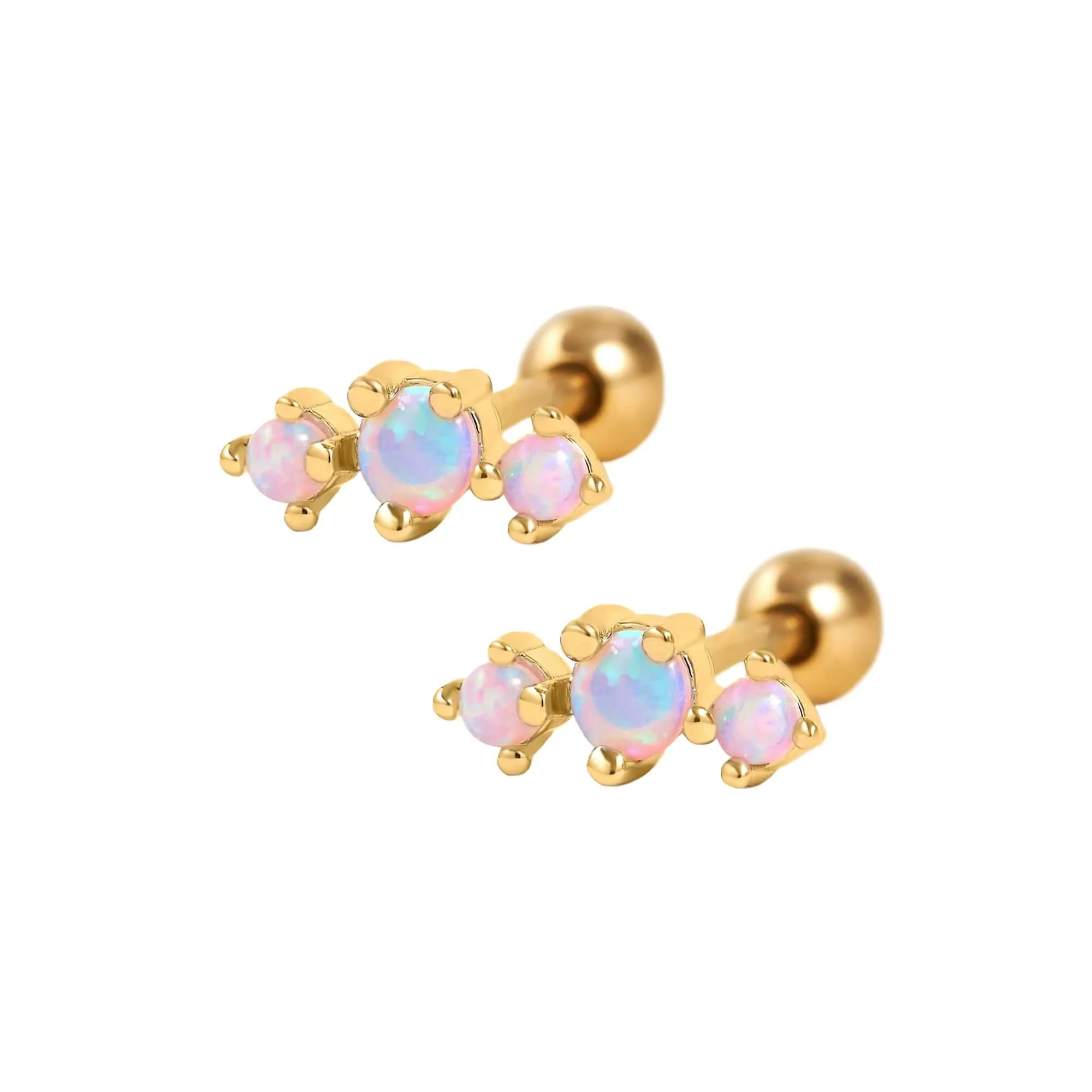 Curved Triple Pink Opal Prong Ball Back & Flat Back Cartilage Earrings