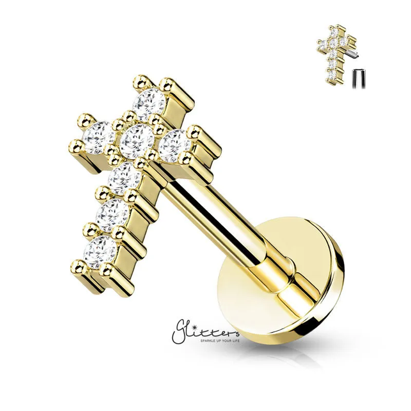 CZ Cross Tragus Cartilage Barbell Stud - Gold