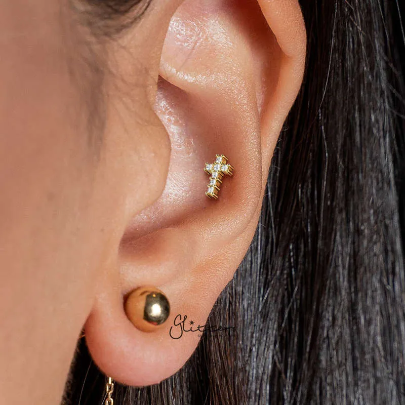 CZ Cross Tragus Cartilage Barbell Stud - Gold