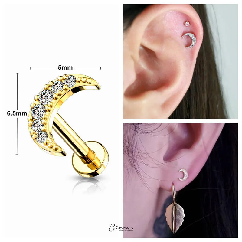 C.Z Moon Internally Threaded Top Cartilage/Tragus Flat Back Studs - Gold