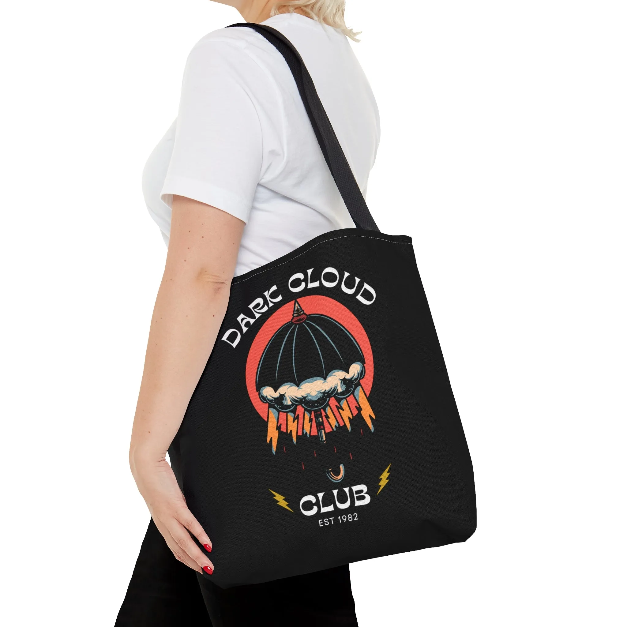 Dark Cloud Umbrella Lightning Tattoo Tote Bag in Black / Vintage American Old School Traditional Tattoo Flash  / Punk Rock Beach Shopping