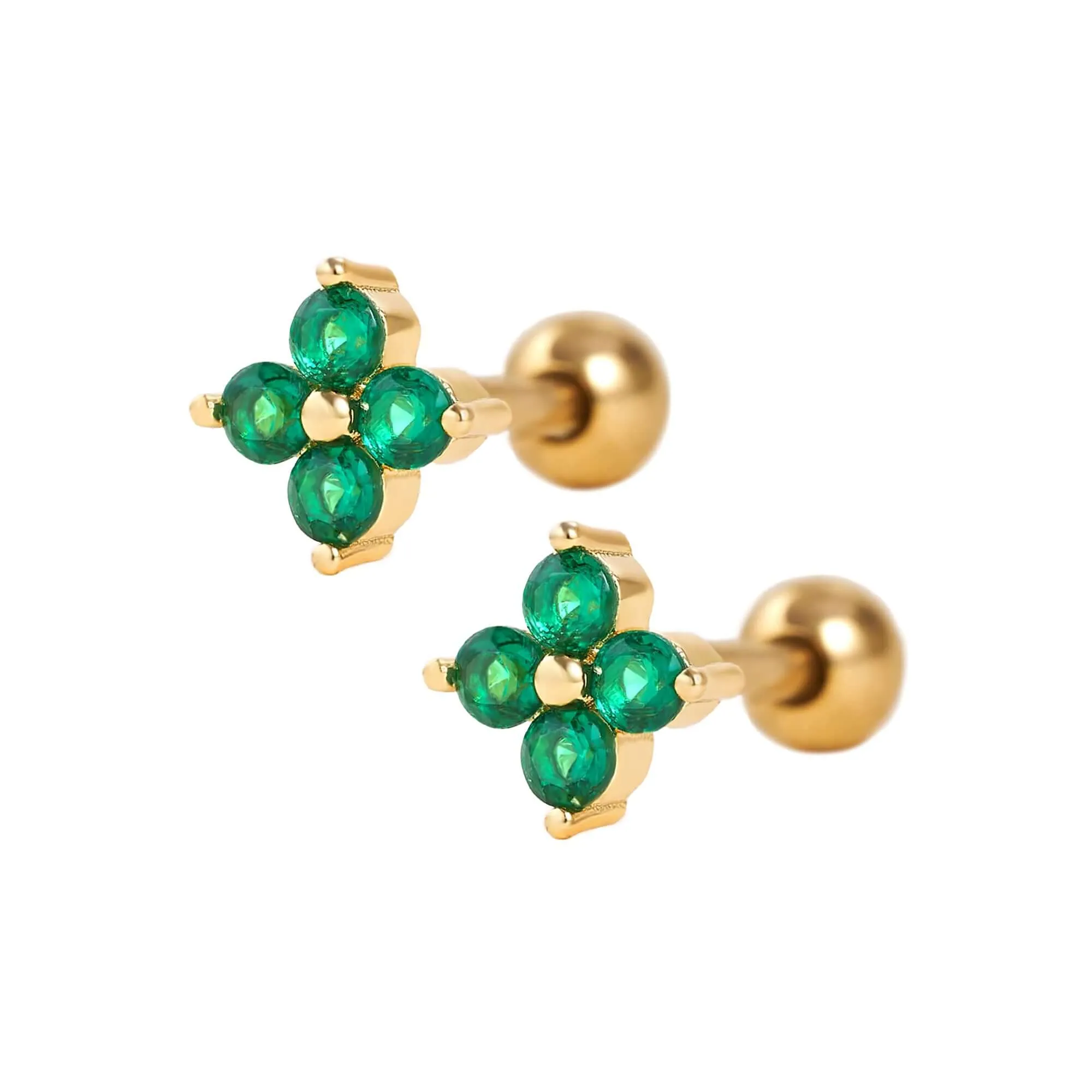 Emerald Green Four Leaf Clover Ball & Flat Back Cartilage Earrings