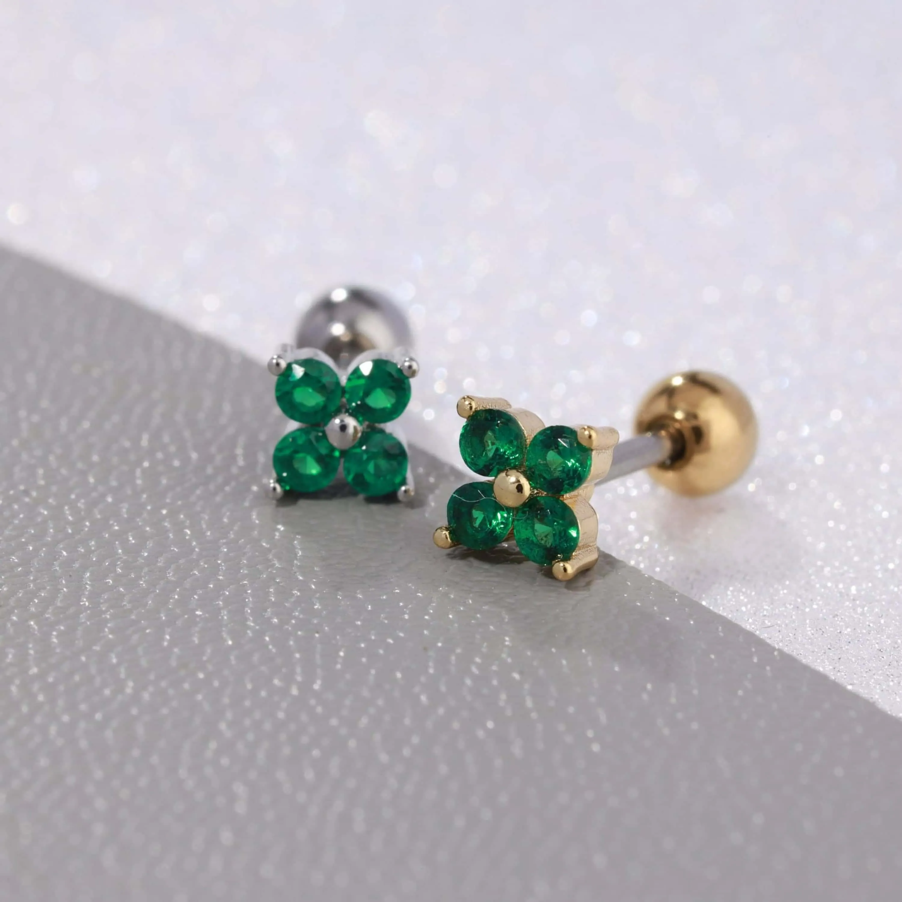 Emerald Green Four Leaf Clover Ball & Flat Back Cartilage Earrings