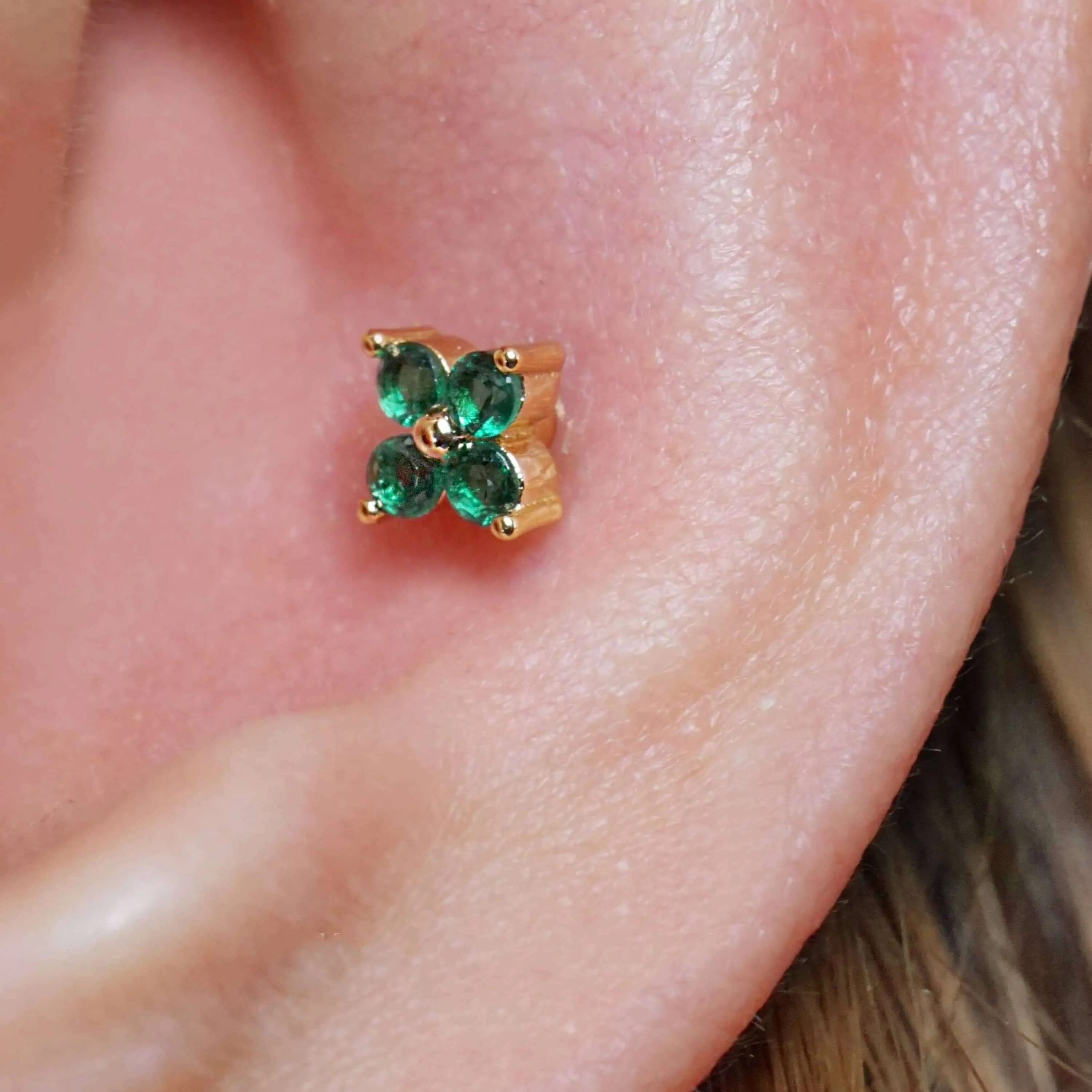 Emerald Green Four Leaf Clover Ball & Flat Back Cartilage Earrings