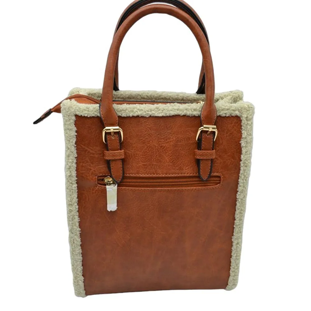 Faux Shearling Trim With Detachable Strap Crossbody Tote Bag