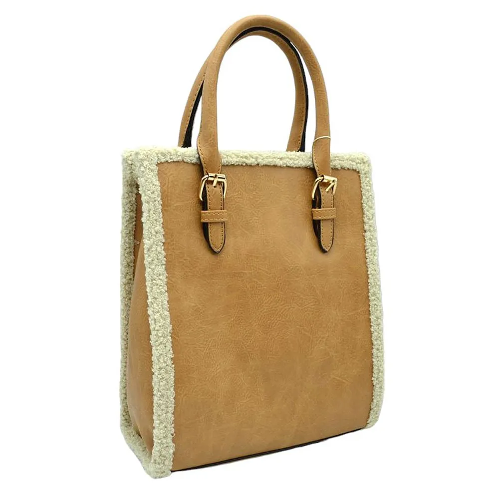 Faux Shearling Trim With Detachable Strap Crossbody Tote Bag