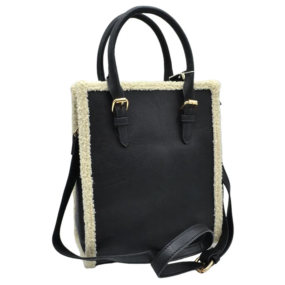 Faux Shearling Trim With Detachable Strap Crossbody Tote Bag