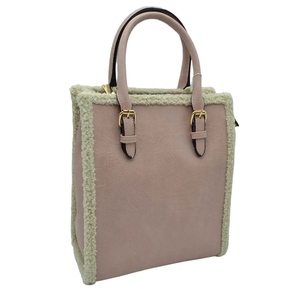 Faux Shearling Trim With Detachable Strap Crossbody Tote Bag