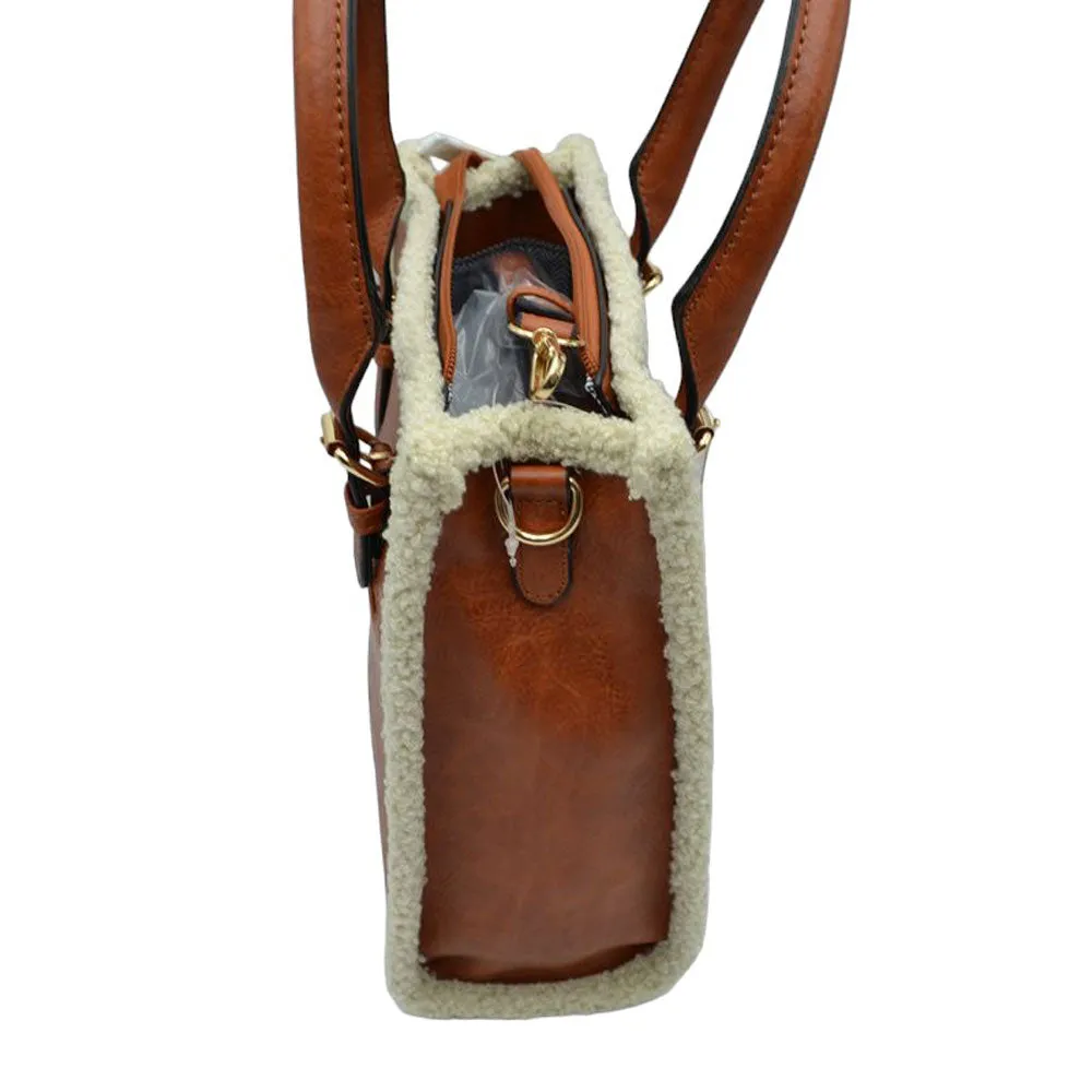 Faux Shearling Trim With Detachable Strap Crossbody Tote Bag