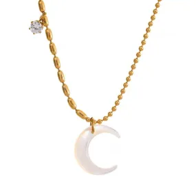 Gold Color Stainless Steel White Shell Moon Pendant Chic Necklace