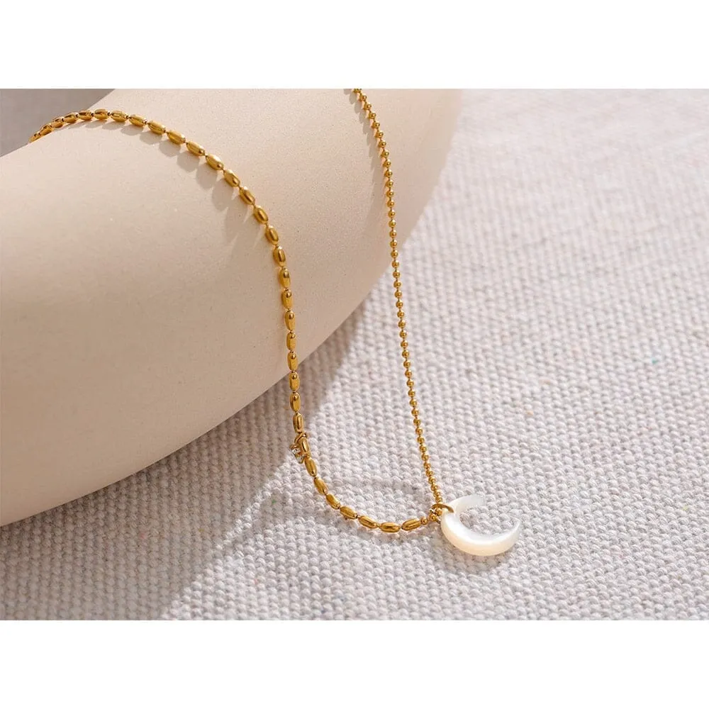 Gold Color Stainless Steel White Shell Moon Pendant Chic Necklace