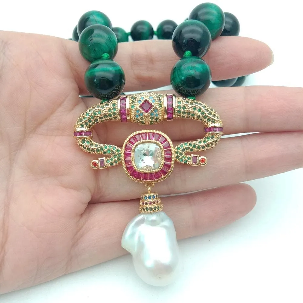 Green Tiger Eye and White Keshi Pearl Pendant Necklace