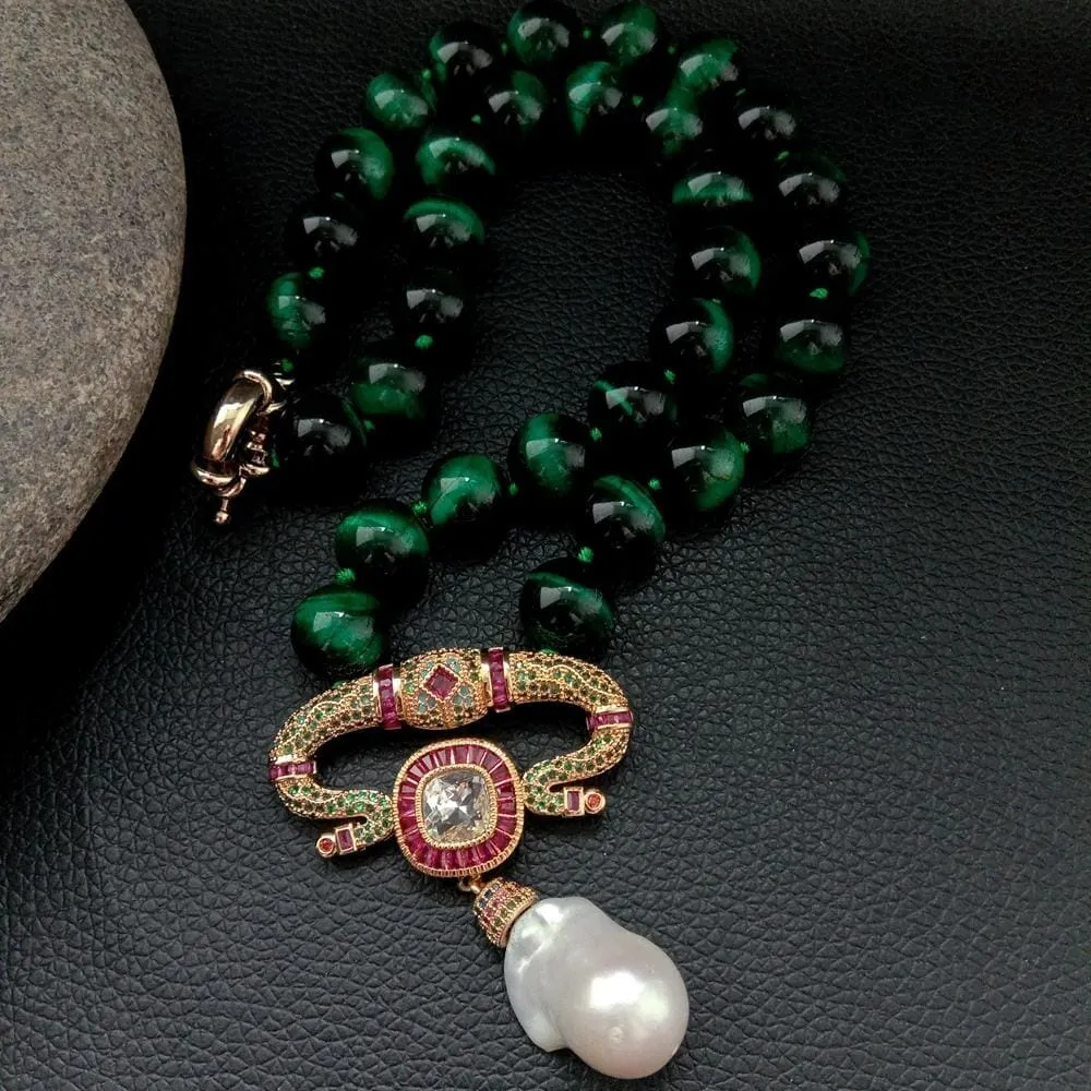 Green Tiger Eye and White Keshi Pearl Pendant Necklace