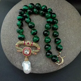 Green Tiger Eye and White Keshi Pearl Pendant Necklace