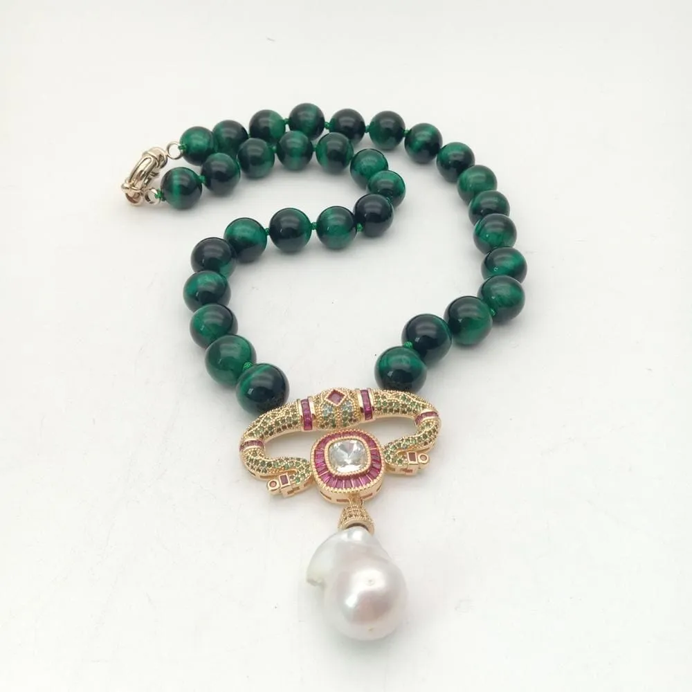 Green Tiger Eye and White Keshi Pearl Pendant Necklace