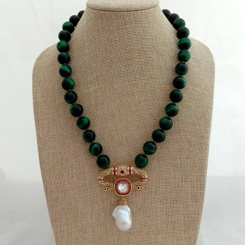 Green Tiger Eye and White Keshi Pearl Pendant Necklace