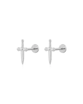 Luv Aj Dagger Flat Back Stud Earrings in Polished Rhodium Plated