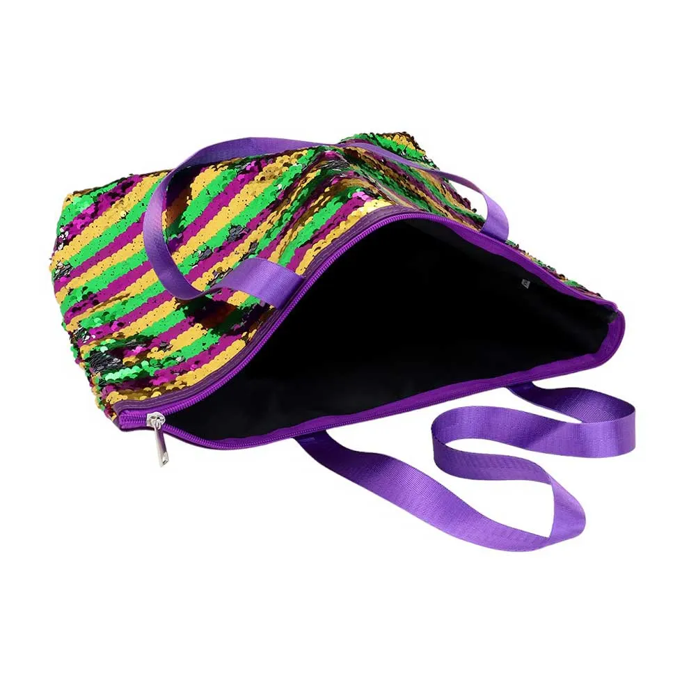 Mardi Gras Stripe Sequin Tote Shoulder Bag