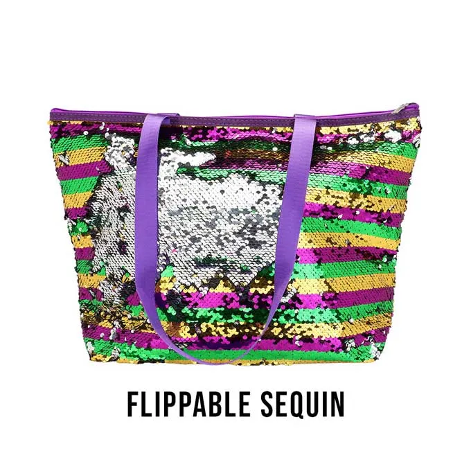 Mardi Gras Stripe Sequin Tote Shoulder Bag