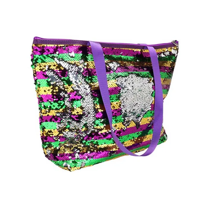 Mardi Gras Stripe Sequin Tote Shoulder Bag