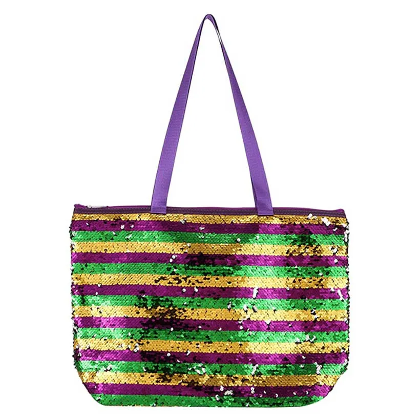 Mardi Gras Stripe Sequin Tote Shoulder Bag