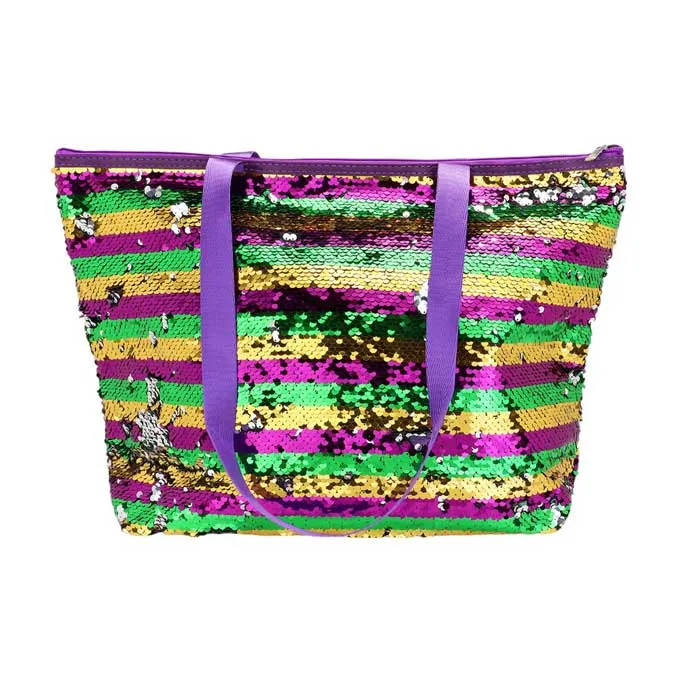 Mardi Gras Stripe Sequin Tote Shoulder Bag