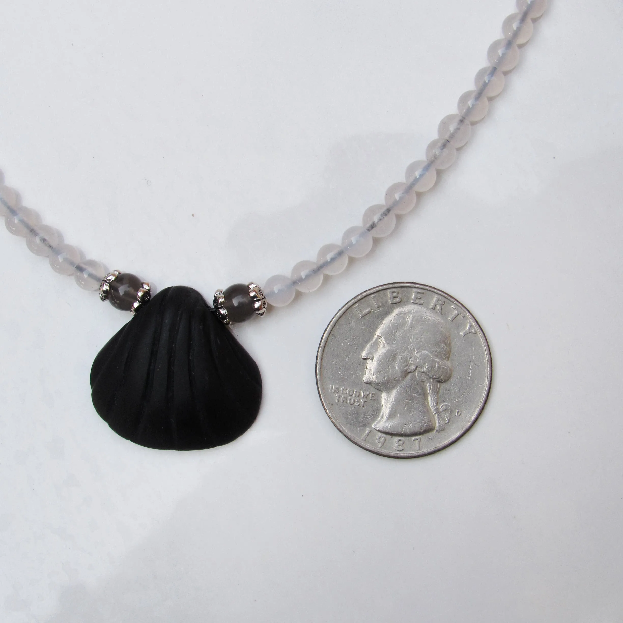 Onyx gemstone Shell pendant with White Agates and Silver Moonstone Necklace