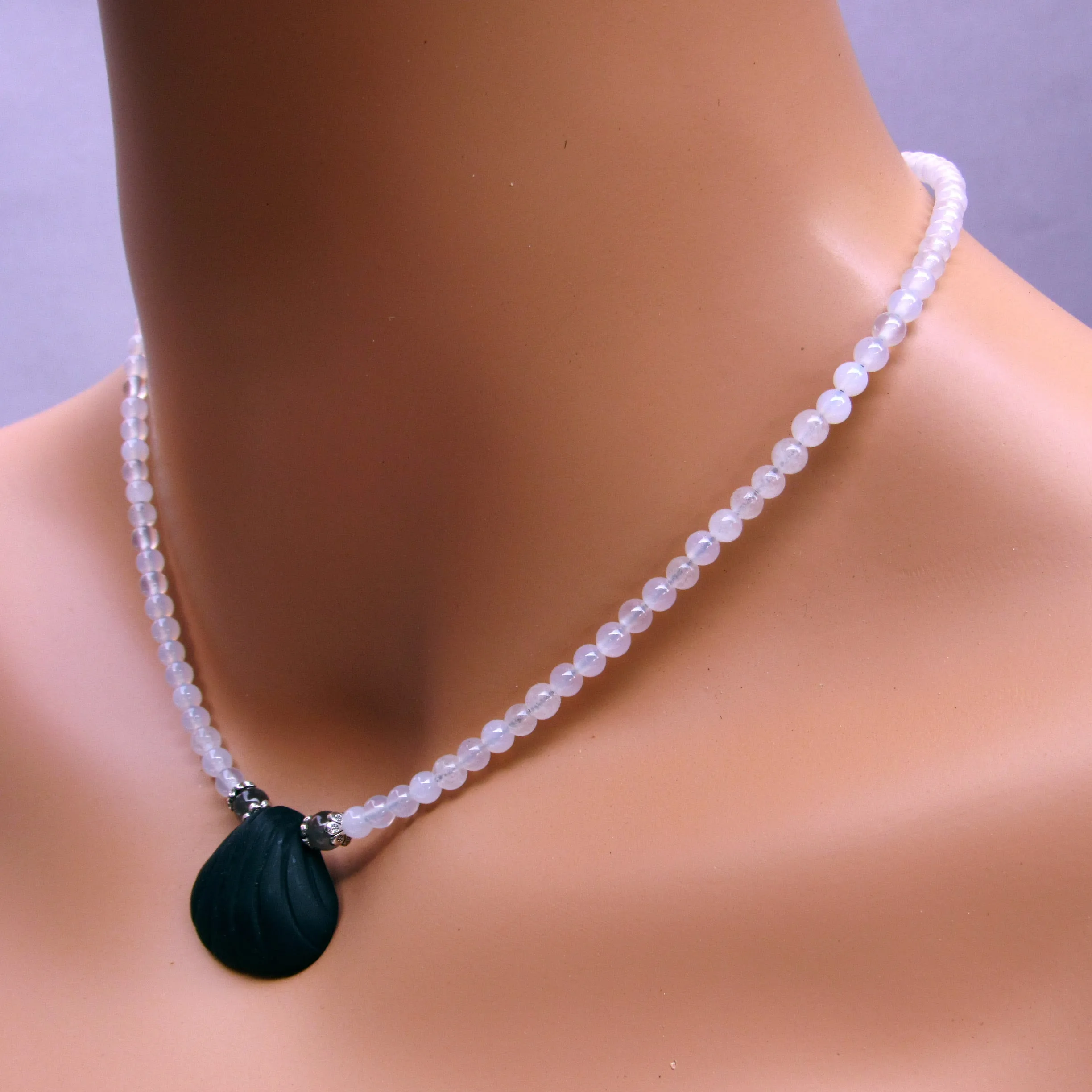 Onyx gemstone Shell pendant with White Agates and Silver Moonstone Necklace