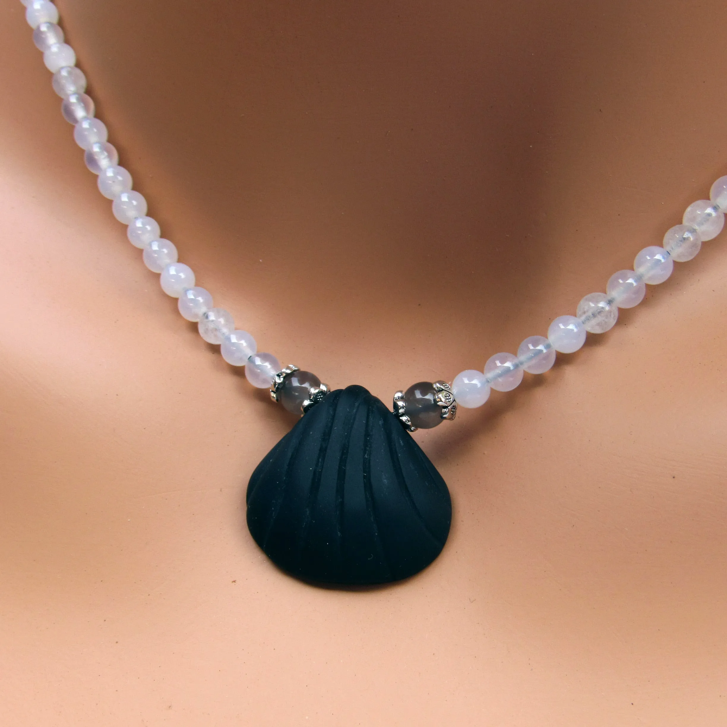 Onyx gemstone Shell pendant with White Agates and Silver Moonstone Necklace